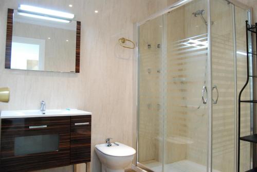内尔哈Carabeo 50 Apartments Casasol的带淋浴、卫生间和盥洗盆的浴室