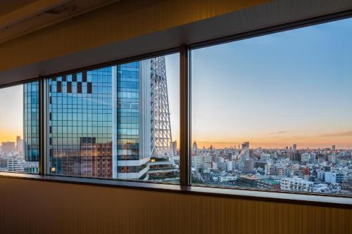 东京Richmond Hotel Premier Tokyo Schole的从窗户可欣赏到城市天际线的景色