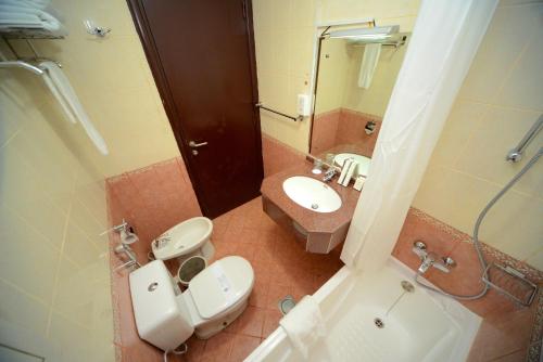 沙迦沙迦伊米瑞特明星沙迦公寓酒店的浴室配有卫生间、盥洗盆和淋浴。