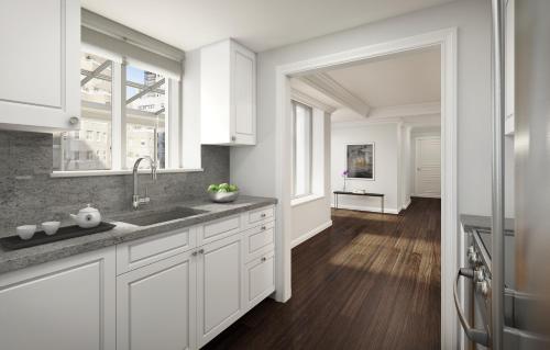 纽约AKA萨顿广场酒店的白色的厨房设有水槽和窗户