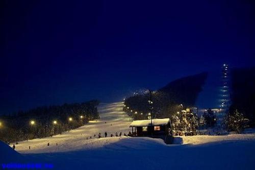 Volda沃尔达旅游酒店的雪覆盖的滑雪场,晚上有灯光
