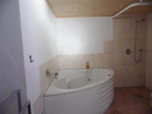 坎德施泰格索奈赫恩小木屋公寓的带淋浴的浴室配有白色浴缸。