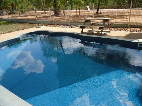 Batchelor丽池菲尔德酒店的一个带野餐桌的大型蓝色游泳池