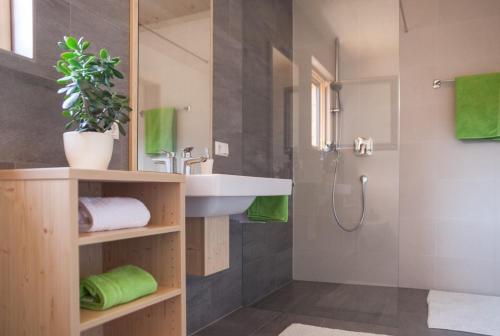 布鲁尼科Winklerhof Apartments的一间带水槽和淋浴的浴室
