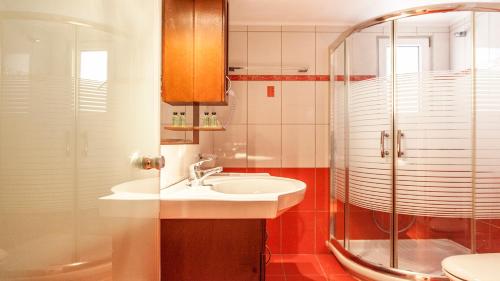 雷夫卡达镇皮诺发尼旅馆的一间带水槽和淋浴的浴室