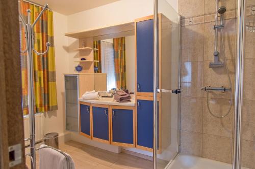 马塞克威尔盖恩霍夫酒店的带淋浴和盥洗盆的浴室