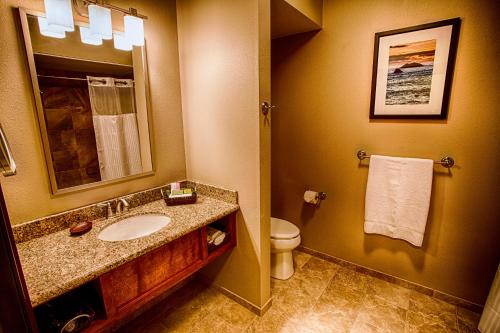 Smith River幸运7赌场酒店（好万克山林小屋）的一间带水槽、卫生间和镜子的浴室