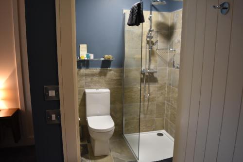 阿德莫尔Round Tower Hotel的一间带卫生间和玻璃淋浴间的浴室