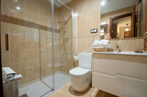 塔拉蒙迪Apartamentos Casa Paulino的带淋浴、卫生间和盥洗盆的浴室
