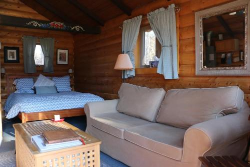 戈尔登洛矶山度假屋的客厅配有沙发和1张床