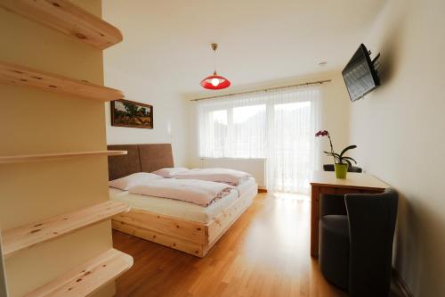 圣卡尼兹Pension Sonnblick的一间卧室配有一张床、一张书桌和一台电视