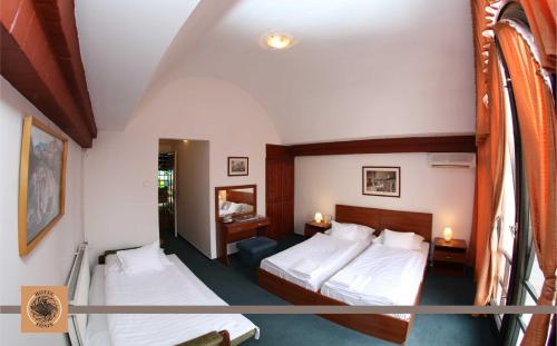 佩奇Hotel Főnix的酒店客房设有两张床和一个阳台。