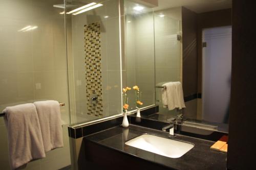 日惹Cavinton Hotel Malioboro Yogyakarta by Tritama Hospitality的一间带水槽和大镜子的浴室