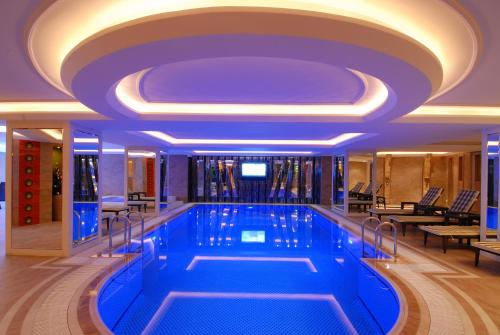 伊斯坦布尔Mosaic Hotel Old City -Special Category的紫色天花板的酒店游泳池