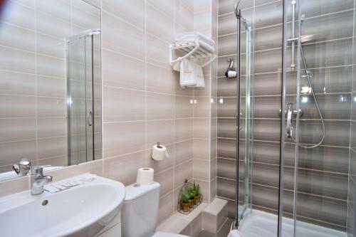 基辅金门酒店的带淋浴、卫生间和盥洗盆的浴室