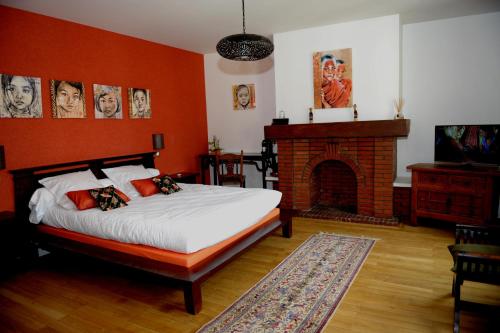 博韦Au Coeur De Beauvais的一间卧室配有一张床和一个壁炉