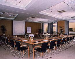 舍纳贝克多米希尔舒贝克酒店的大型会议室,配有长桌子和椅子