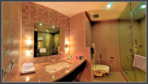 阿格拉休闲酒店的一间带水槽、卫生间和镜子的浴室