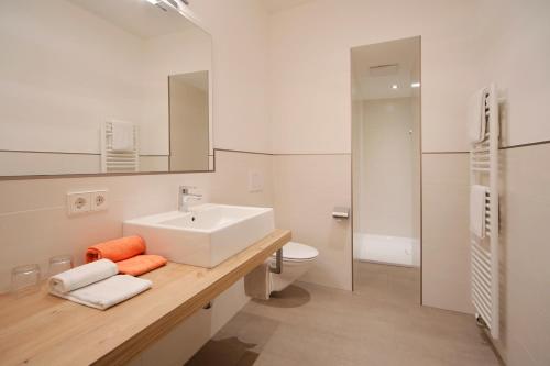 梅拉诺Garni Unterhaslerhof的白色的浴室设有水槽和卫生间。