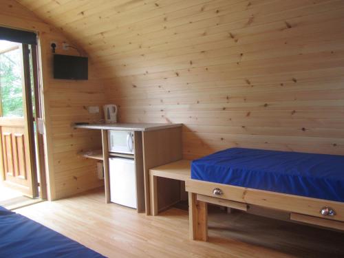 GlamisDrumshademuir Caravan & Camping Park的小屋内带一张床和一张书桌的房间