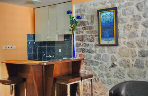 科托尔帕特里公寓酒店的厨房配有水槽和带凳子的台面