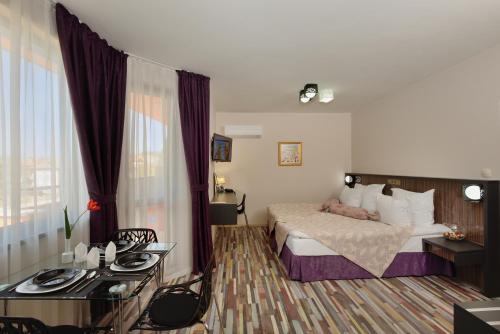 希萨里亚Apart Hotel Hello Hissar的一间酒店客房,一间设有一张床和一张书桌