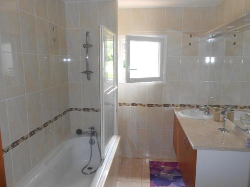 Saint-Jean-le-VieuxDomaine Harrieta的带淋浴、浴缸和盥洗盆的浴室