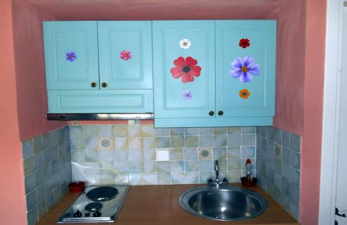KástronPolytropon Apartments的厨房配有蓝色橱柜,上面有鲜花