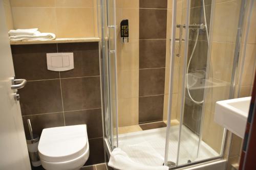 汉堡哈伯格老城酒店的带淋浴、卫生间和盥洗盆的浴室