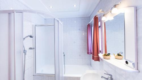 大基希海姆Ferienhaus Arve的带淋浴、卫生间和盥洗盆的浴室