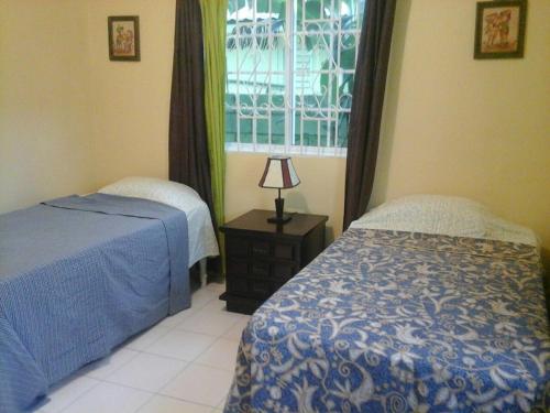 蒙特哥贝Relax in Sunny Montego Bay, Jamaica的一间卧室设有两张床和窗户。