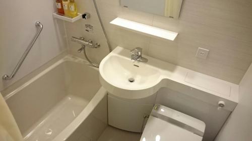 平冢市平冢神奈大酒店的白色的浴室设有水槽和卫生间。