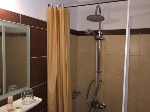 阿吉亚玛丽娜伊斯道拉酒店的带淋浴和浴帘的浴室