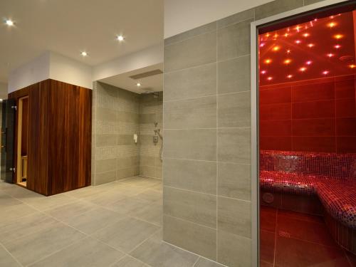 马卡尔斯卡米拉马尔公寓式酒店的一间带淋浴的浴室,配有红色的墙壁