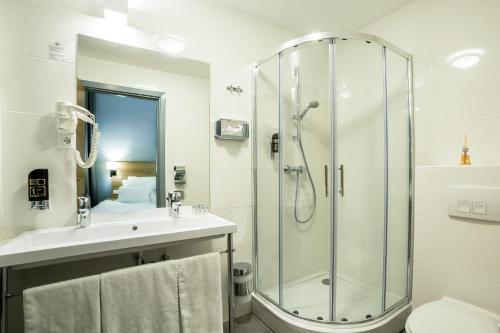 多特蒙德丽芙茵酒店的带淋浴和盥洗盆的浴室