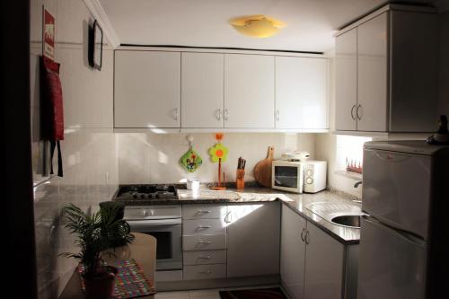 Vila ChãCasa do Facho的厨房配有白色橱柜和炉灶烤箱。