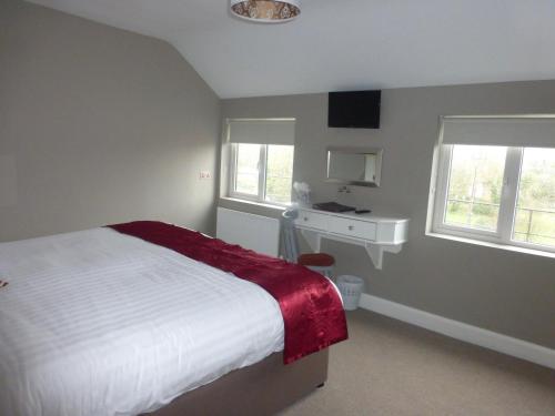 康镇瑞安酒店的一间卧室配有一张床、一张书桌和两个窗户。