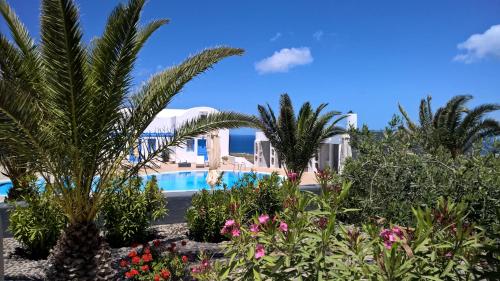 伊亚莱奥卡斯缇别墅酒店的一座带游泳池、棕榈树和鲜花的度假村
