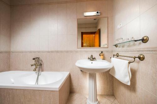 尼赖吉哈佐Ózoon Hotel的浴室配有盥洗盆和浴缸。