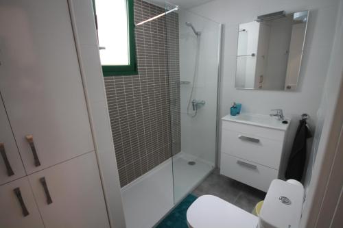 科斯塔特吉塞Casa Linda的带淋浴、卫生间和盥洗盆的浴室