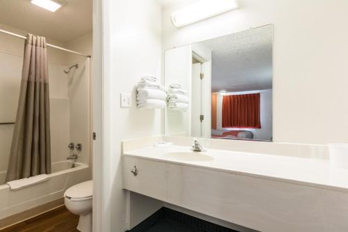 兰辛Travelodge by Wyndham Lansing的一间带水槽、卫生间和镜子的浴室