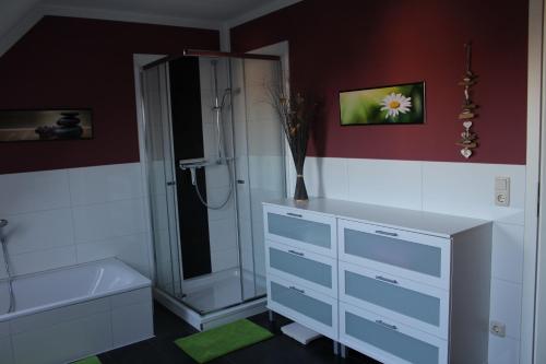 LoissinFerienwohnung Seeluft的带淋浴、白色梳妆台和盥洗盆的浴室