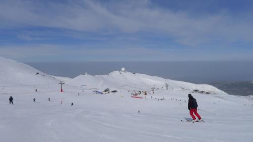 莫纳奇尔阿尔穆尼亚山谷酒店的一群人沿着雪覆盖的斜坡滑雪