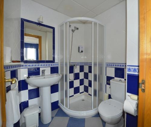 里瓦德奥利纳雷斯旅舍的一间带水槽、淋浴和卫生间的浴室