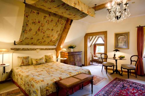 阿尔夫伯格阿拉斯酒店的一间卧室配有一张特大号床和吊灯。