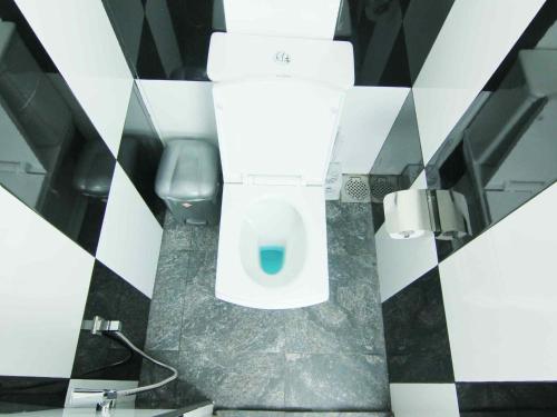 康提康提二合一旅舍的浴室位于隔间内,设有白色卫生间。