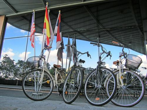 帕尔马达都国际酒店的停在有旗帜的建筑物下的一个自行车组
