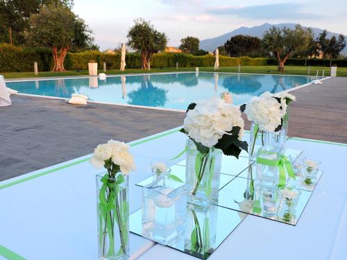 波米利亚诺达尔科Pietrabianca Exclusive Resort的两个花瓶,在游泳池旁边的桌子上满是鲜花