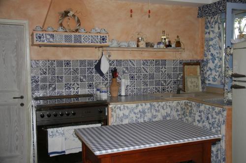 Monterubbiano文托罗斯住宿加早餐旅馆的厨房的墙壁上铺有蓝色和白色的瓷砖。