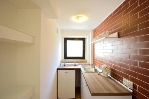 什切尔克Apartament Na Górskiej的厨房设有水槽和砖墙